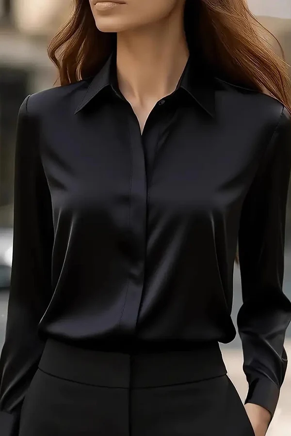 Camicia Casual a Maniche Lunghe con Rever in Satin