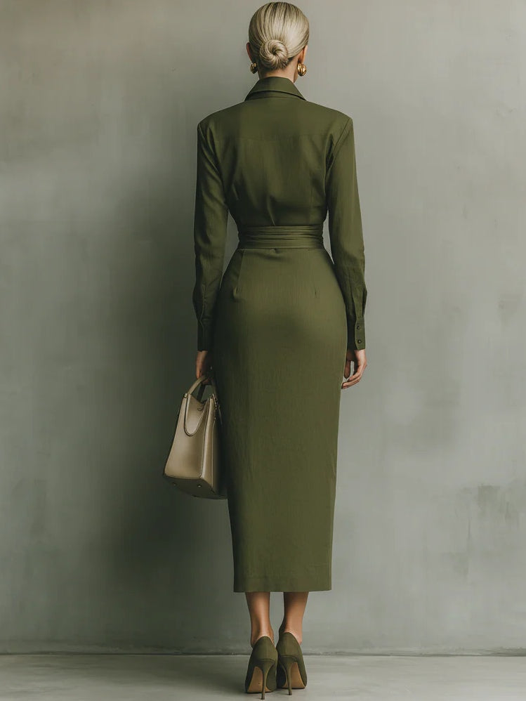 Abito Maxi in Cotone Verde Militare