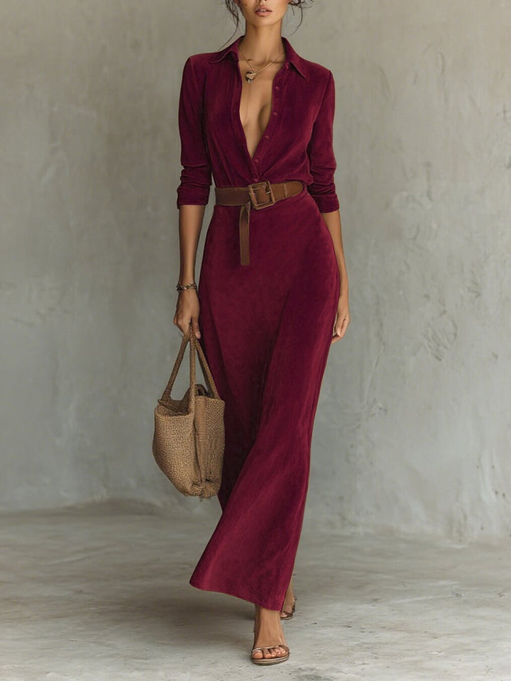 Abito Maxi in Suede con Revers e Unico Petto