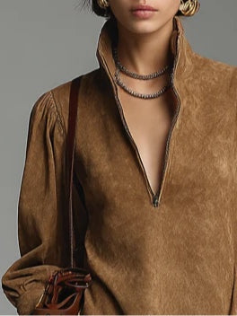 Abito Mini in Suede Marrone con Zip e Collo Alta