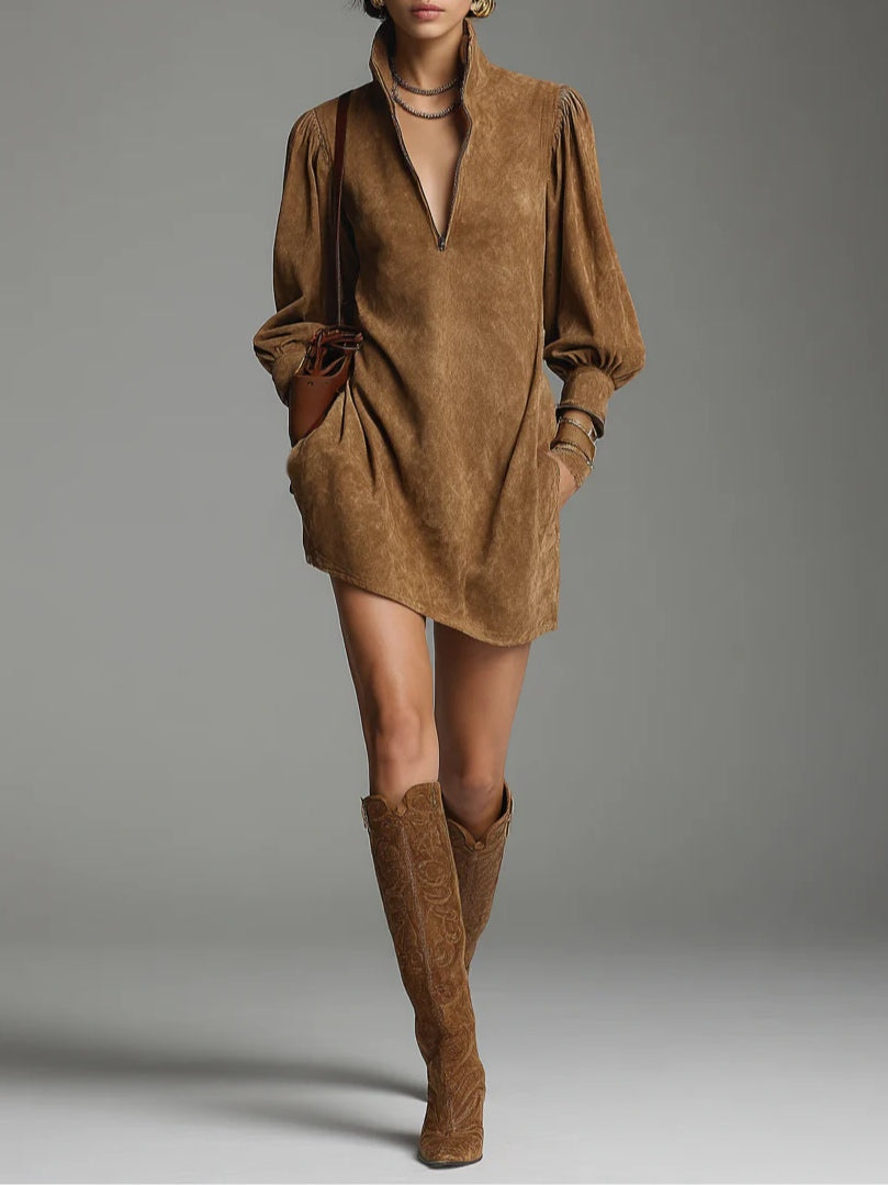 Abito Mini in Suede Marrone con Zip e Collo Alta