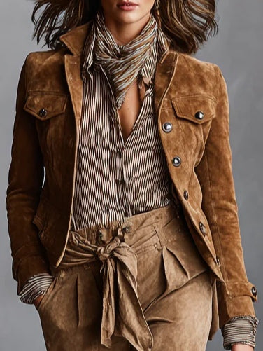 Giacca Cropped in Suede Marrone con Revers a Un Petto