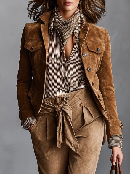Giacca Cropped in Suede Marrone con Revers a Un Petto