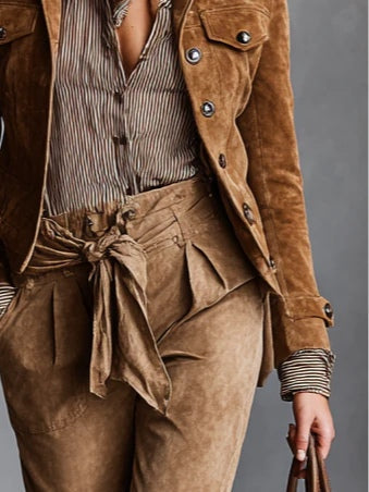 Giacca Cropped in Suede Marrone con Revers a Un Petto