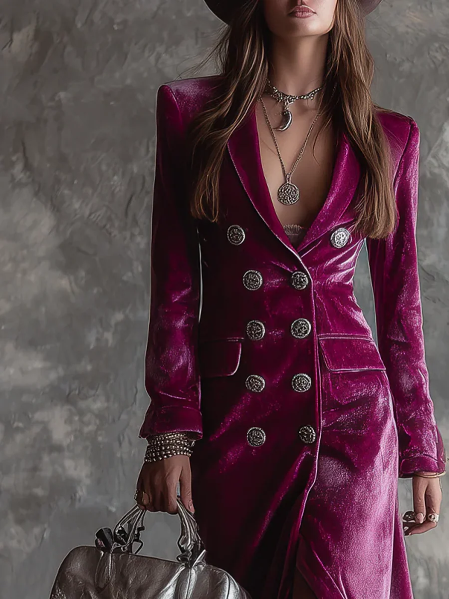 Abito Maxi in Velluto Viola con Blazer e Bottoni