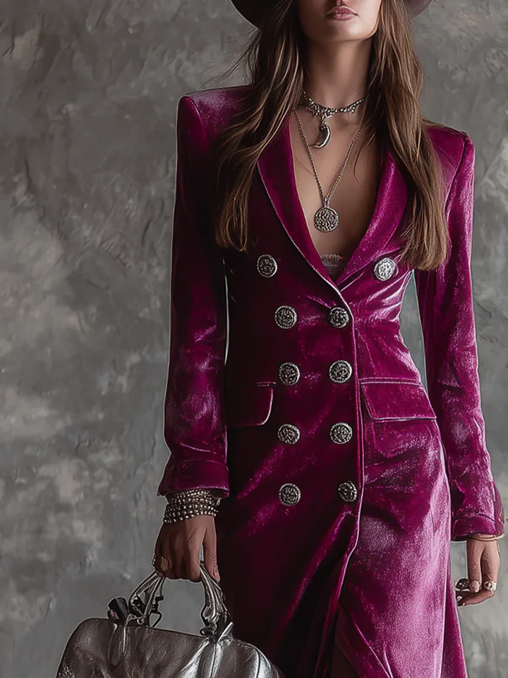 Abito Maxi Blazer Lungo in Velluto Viola