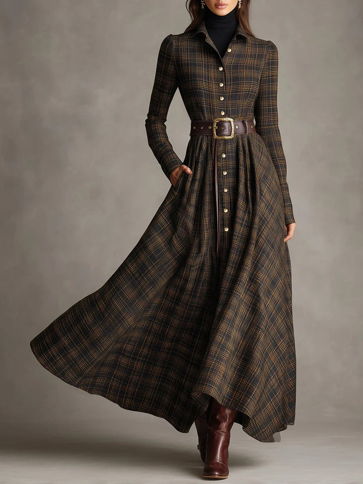 Camicia Lunga a Maxi con Collo a Revers a Quadri Marrone e Nero