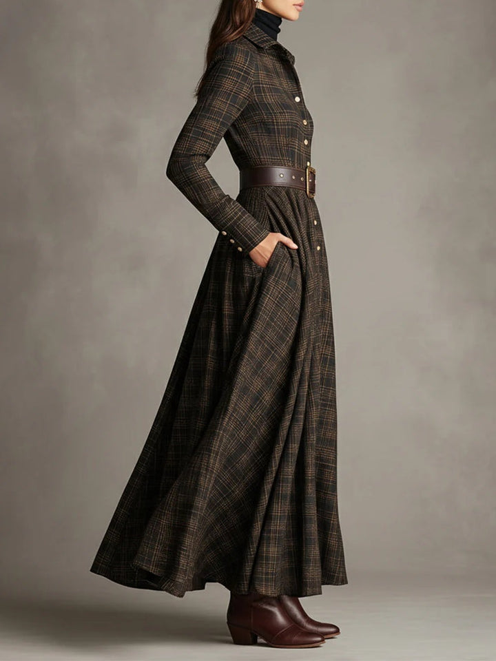 Camicia Lunga a Maxi con Collo a Revers a Quadri Marrone e Nero