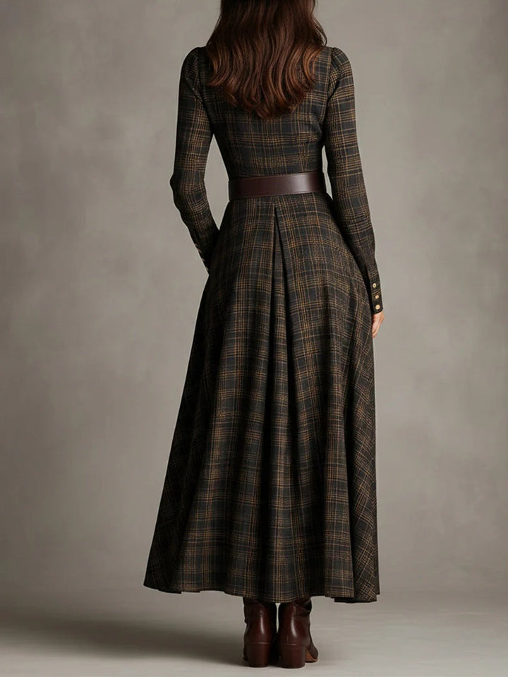 Camicia Lunga a Maxi con Collo a Revers a Quadri Marrone e Nero