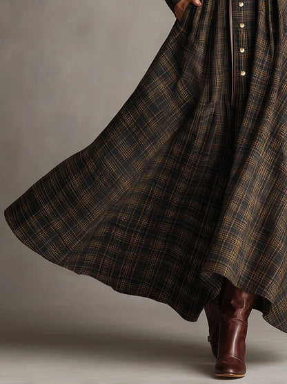 Abito Lungo Camicia Singola con Colletto a Quadri Marrone e Nero