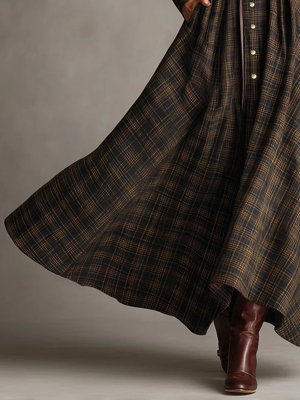 Camicia Lunga con Risvolto a Quadri Marrone e Nera