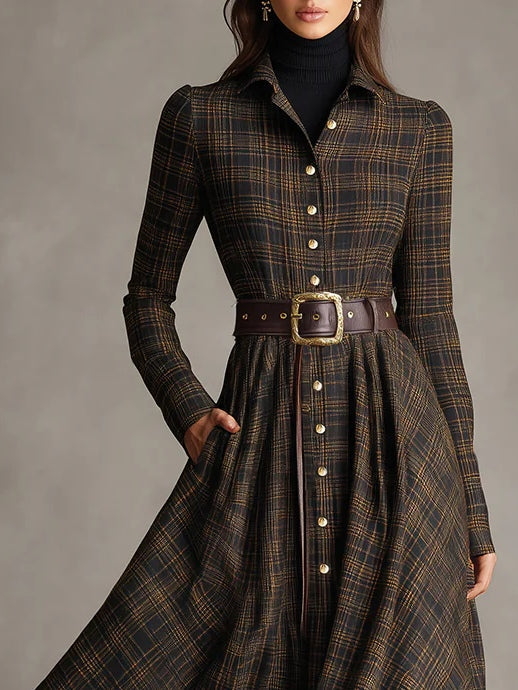 Camicia Lunga a Maxi con Collo a Revers a Quadri Marrone e Nero