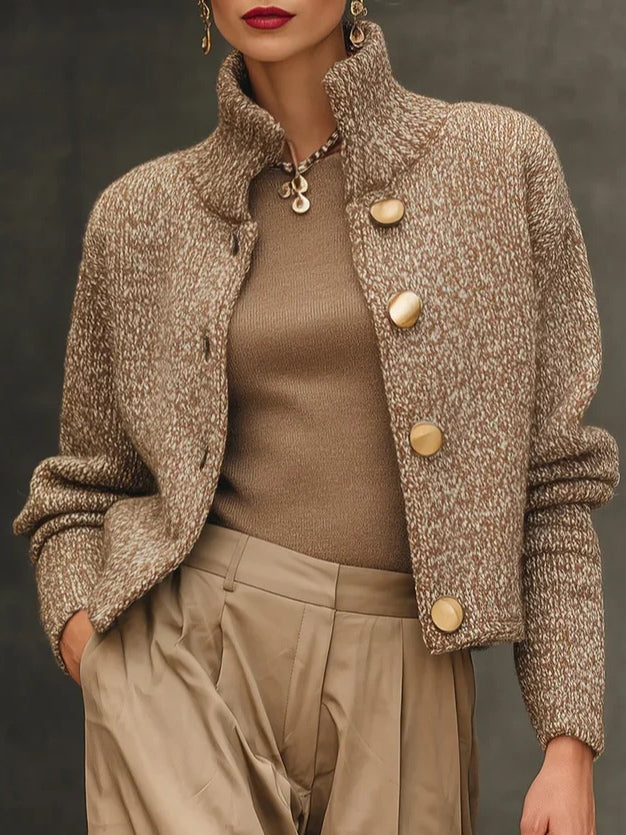 Cardigan Maglione con Collo Alto e Bottoni Color Cammello