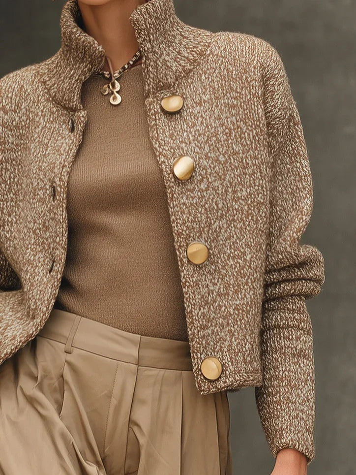 Cardigan Maglione con Collo Alto e Bottoni Color Cammello