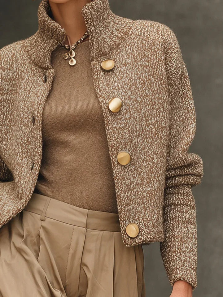 Cardigan Maglione con Collo Alto e Bottoni Color Cammello