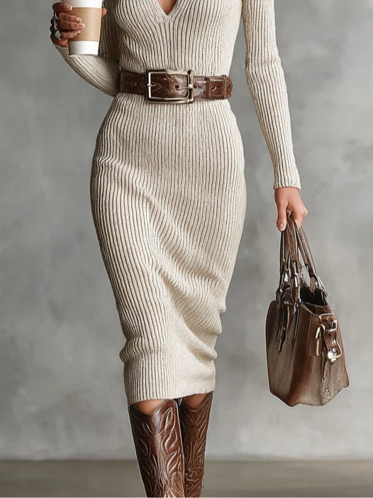 Abito Midi Maglione Aderente con Collo Alto a Metà e Maniche Lunghe con Cintura (con cintura)