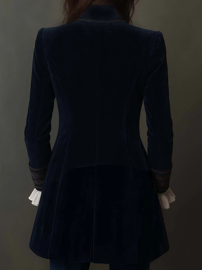 Giacca Lunga Vintage in Velluto di Poliestere Blu Navy Ricamata