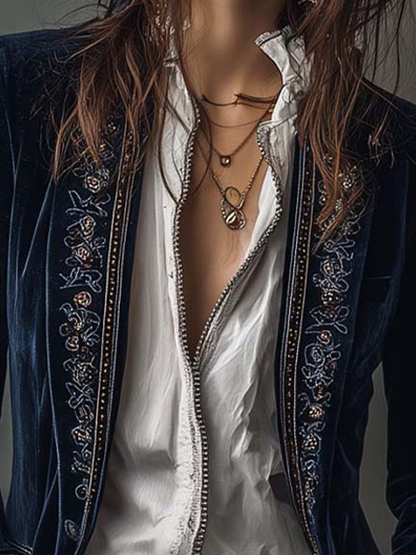 Giacca Lunga Vintage in Velluto di Poliestere Blu Navy Ricamata