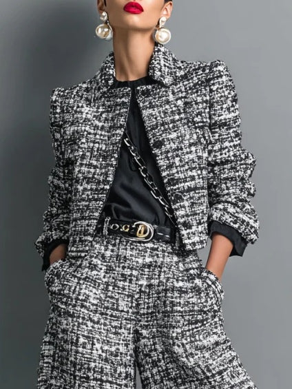 Set Giacca Cropped a Un Bottone in Stampa Tweed e Pantaloni a Gamba Larga