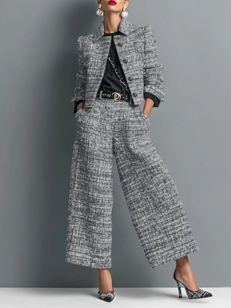 Set Giacca Corta a Un Bottone in Stampa Tweed e Pantaloni a Gamba Larga