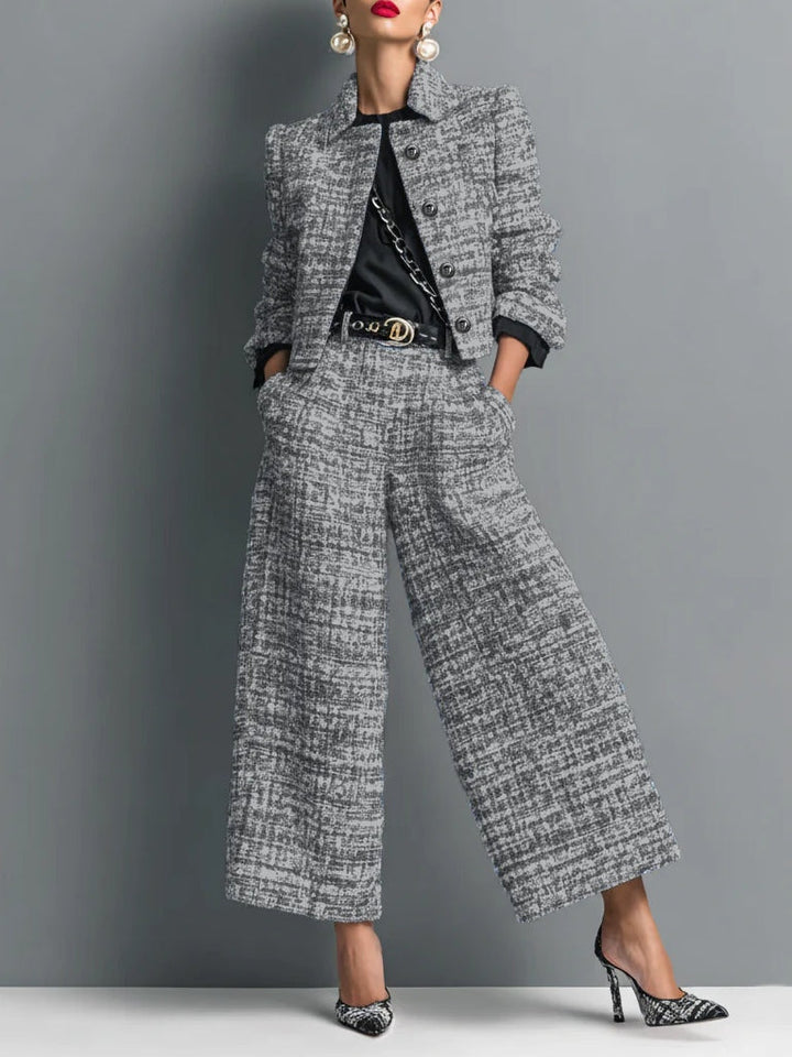 Set Giacca Corta a Un Bottone in Stampa Tweed e Pantaloni a Gamba Larga