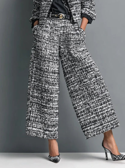 Set Giacca Cropped a Un Bottone in Stampa Tweed e Pantaloni a Gamba Larga