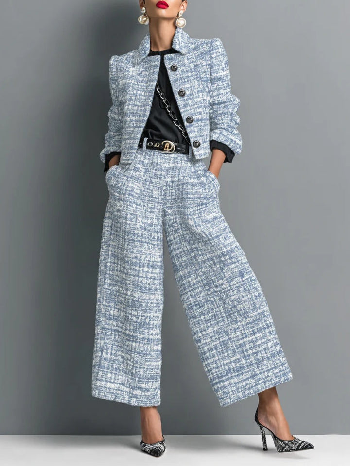 Set Giacca Corta a Un Bottone in Stampa Tweed e Pantaloni a Gamba Larga