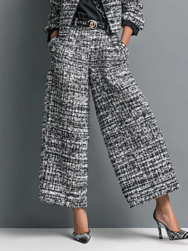 Set Giacca Corta a Un Bottone in Stampa Tweed e Pantaloni a Gamba Larga