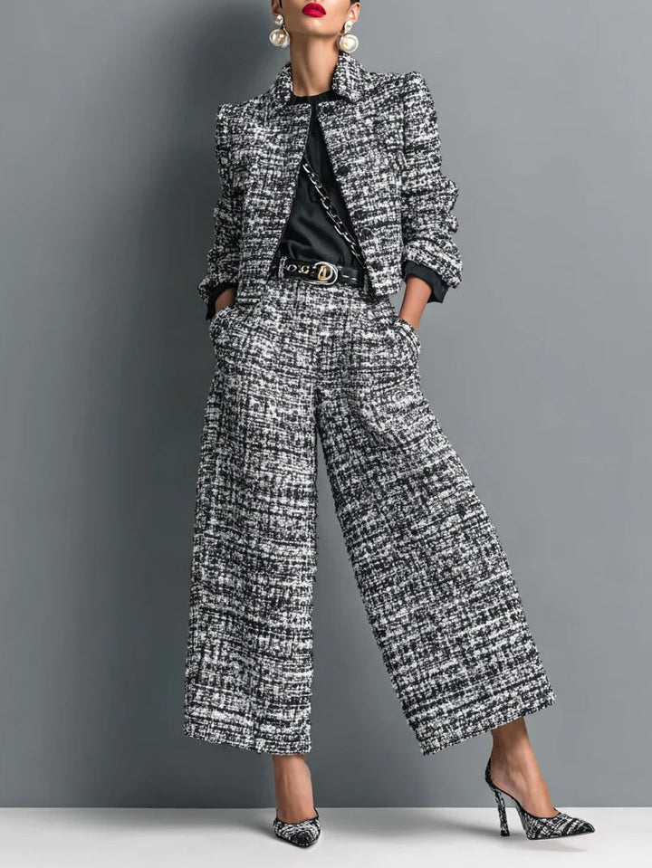 Set Giacca Cropped a Un Bottone in Stampa Tweed e Pantaloni a Gamba Larga