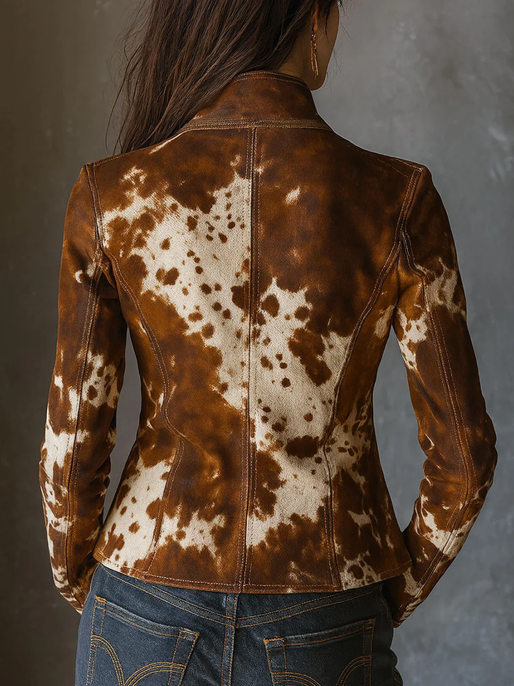 Giacca Slim-fit in Pelle Scamosciata con Stampa di Mucca e Collo Alto Vintage