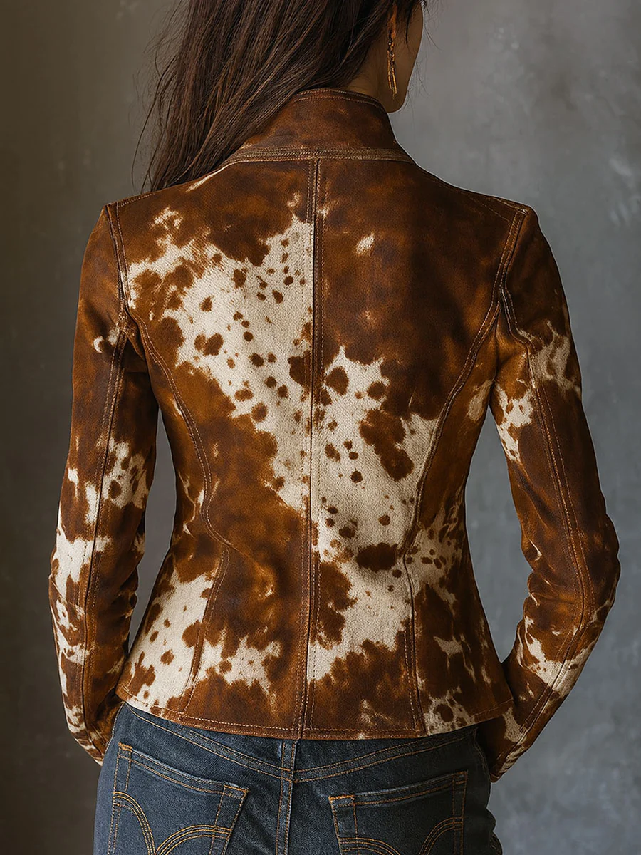 Giacca Slim-fit in Suede con Collo Alto e Stampa Mucca Vintage