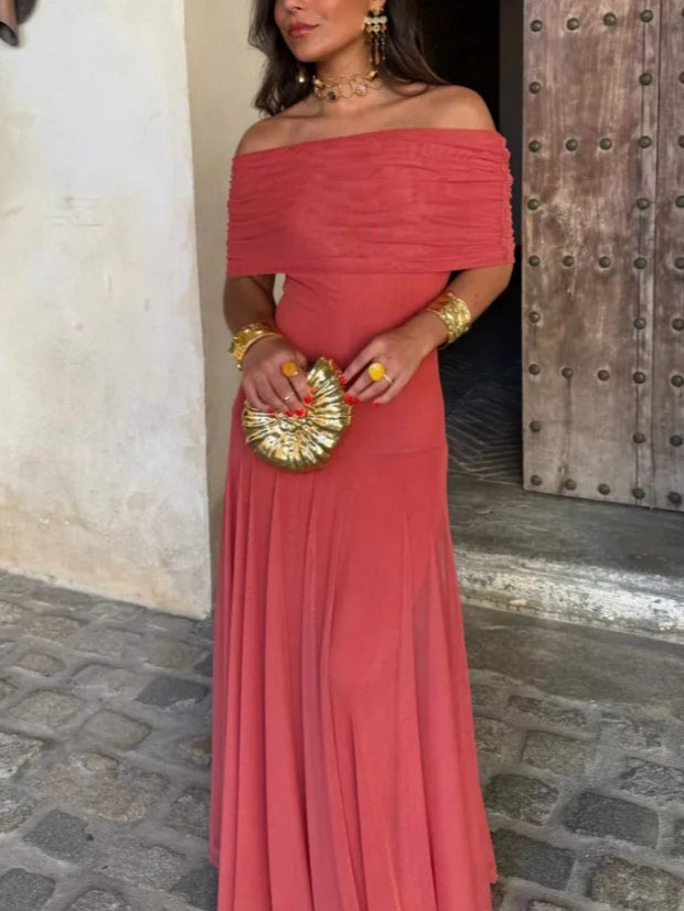 Abito Maxi in Rete con Spalla Scoperta Marrone