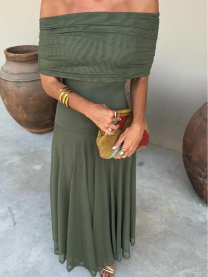Abito Maxi in Rete con Spalla Scoperta Marrone
