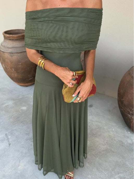 Abito Maxi in Rete con Spalla Scoperta Marrone