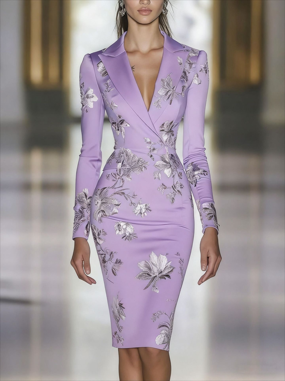 Elegante Abito Midi Blazer con Stampa Floreale Blu