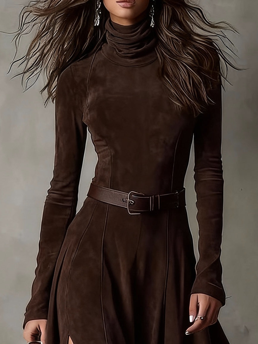Abito Maxi in Finta Suede Marrone Scuro con Collo Alto e Maniche Lunghe (Incluso cintura)