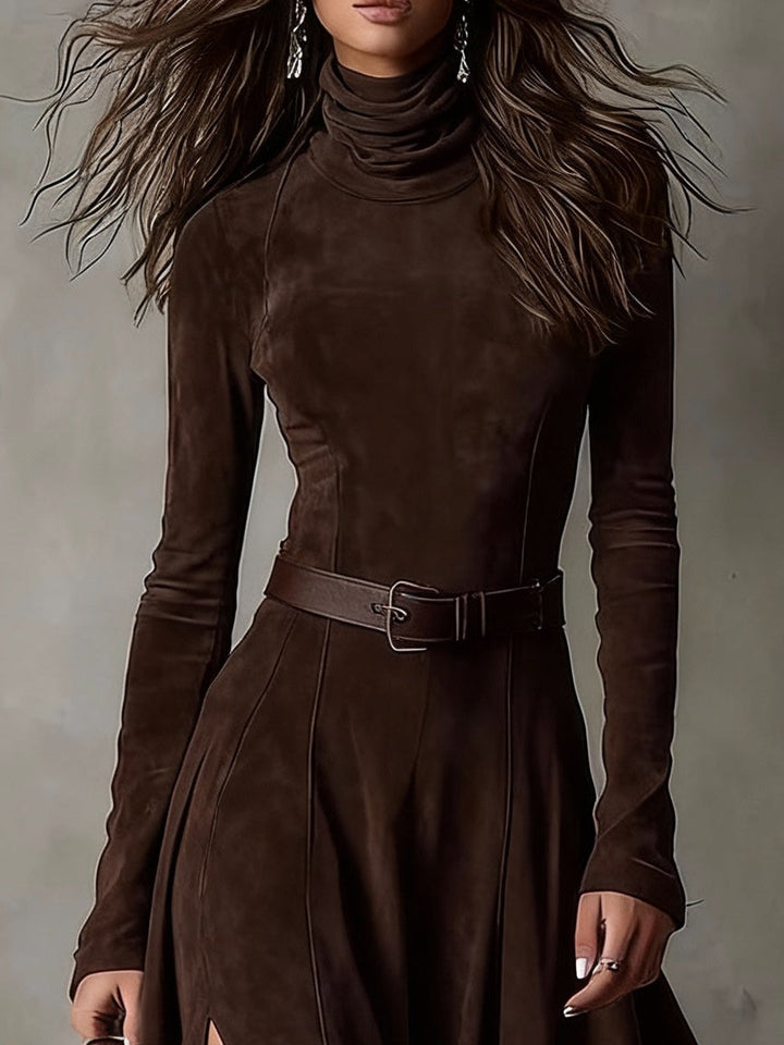 Abito Maxi in Finta Suede Marrone Scuro con Collo Alto e Maniche Lunghe (Incluso cintura)