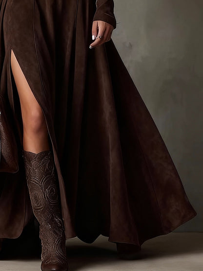 Abito Maxi in Finta Suede Marrone Scuro con Collo Alto e Maniche Lunghe (Inclusa cintura)