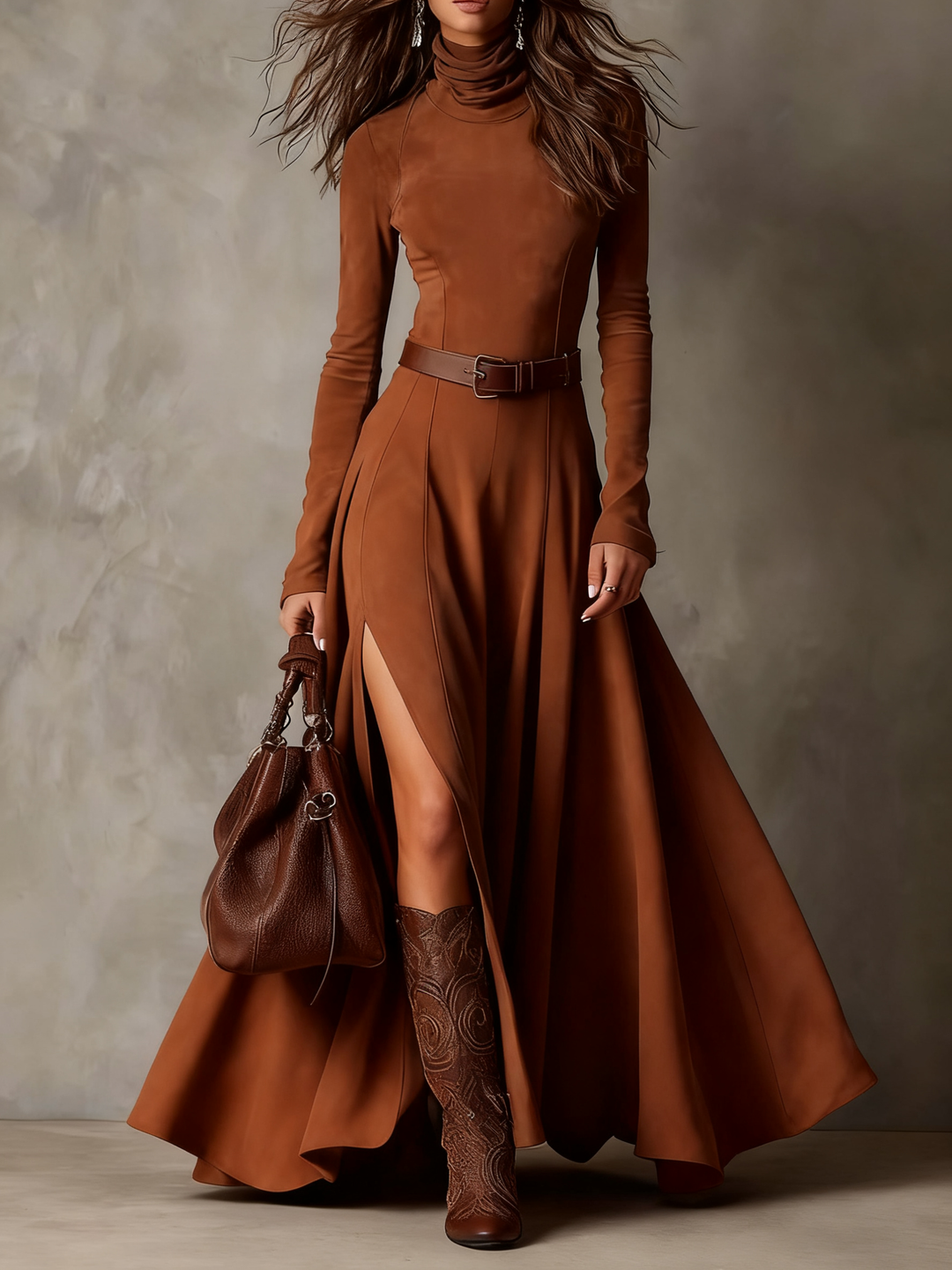 Abito Maxi in Finta Suede Marrone Scuro con Collo Alto e Maniche Lunghe (Incluso cintura)