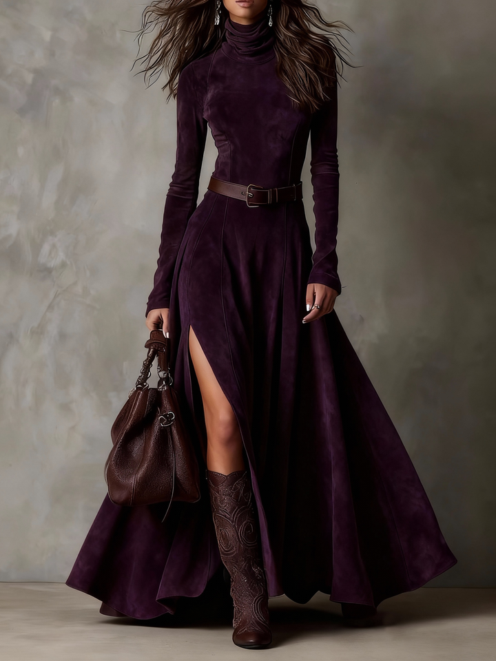 Abito Maxi in Finta Suede Marrone Scuro con Collo Alto e Maniche Lunghe (Inclusa cintura)
