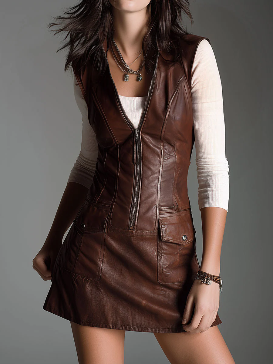 Abito Mini in Eco-Pelle Marrone Cioccolato con Zip