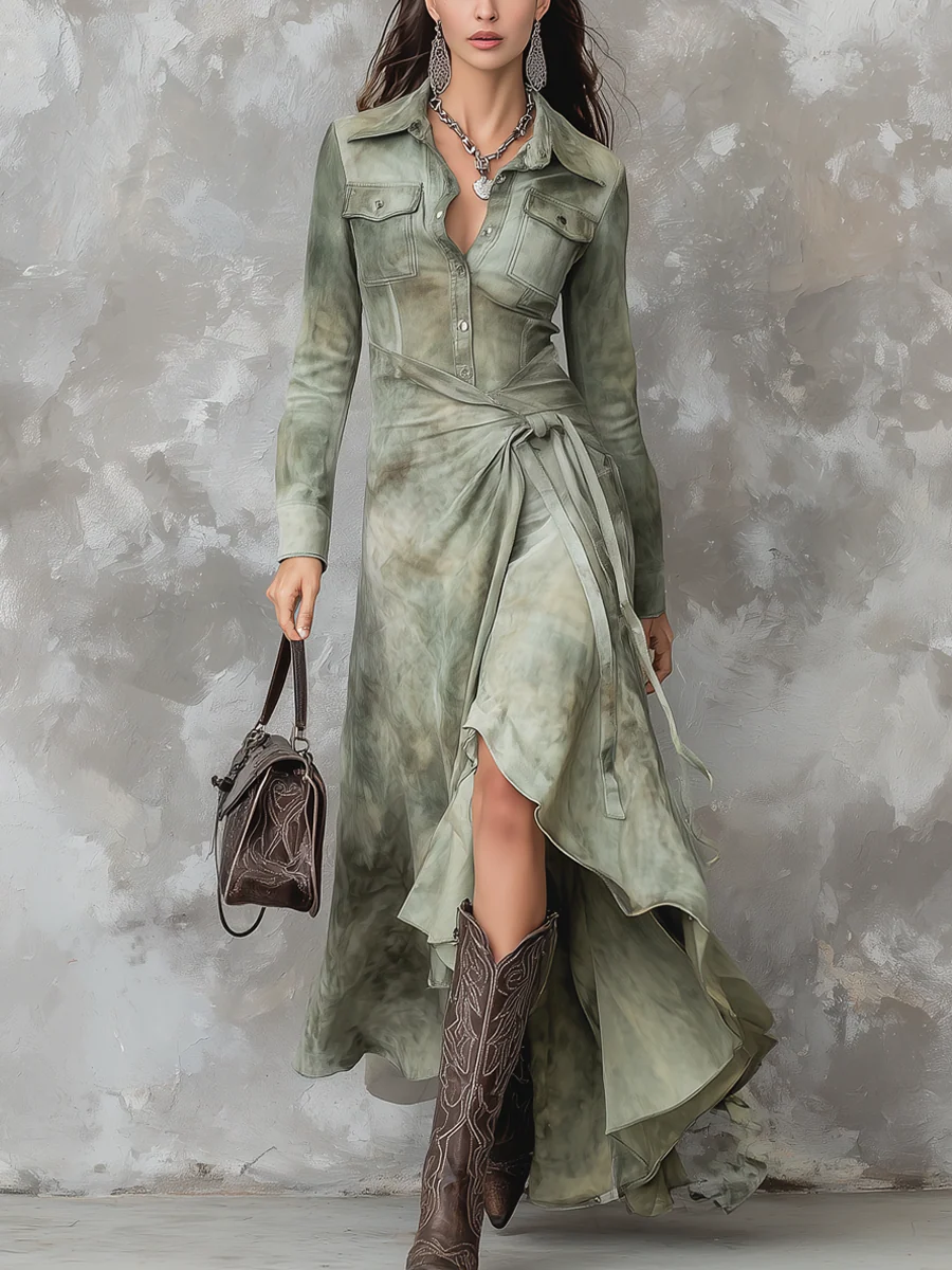 Abito Maxi Slim con Tasca Tie-Dye Verde Salvia Vintage