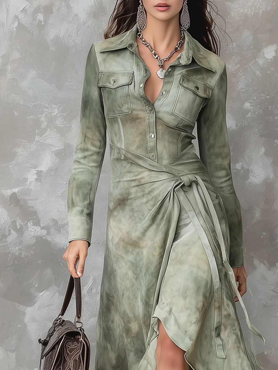 Abito Maxi Slim in Tie-Dye Verde Salvia Vintage