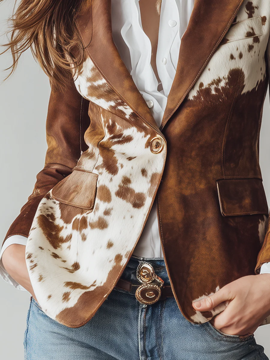 Giacca da Suit con Stampa di Mucca Marrone Retro