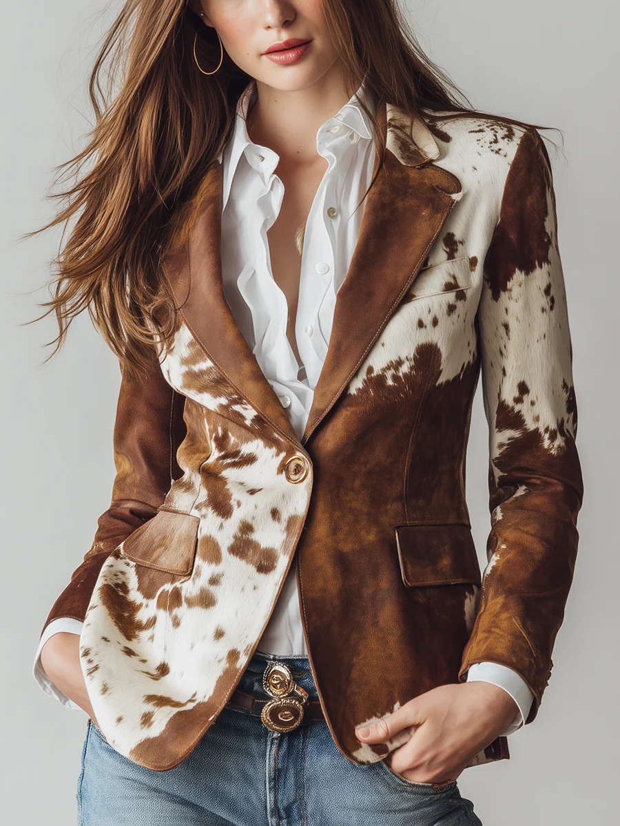 Giacca da Suit con Stampa di Mucca Marrone Retro