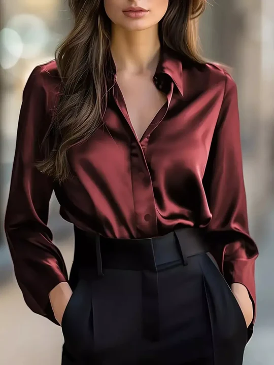 Camicia Elegante Casual a Maniche Lunghe in Satin di Colore Solido