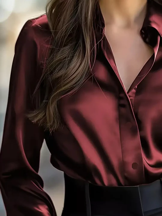 Camicia Elegante Casual a Maniche Lunghe in Satin di Colore Solido