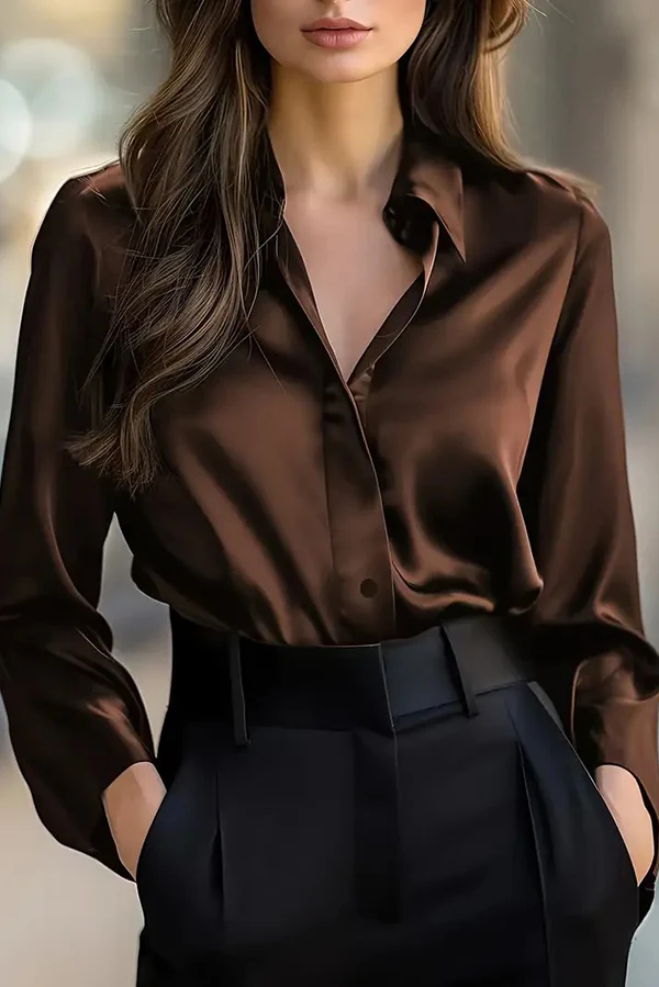 Camicia Elegante Casual a Maniche Lunghe in Satin di Colore Solido