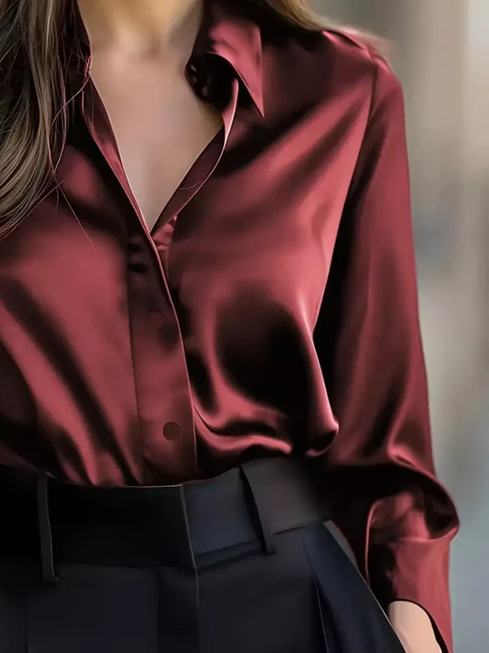 Camicia Elegante Casual a Maniche Lunghe in Satin di Colore Solido