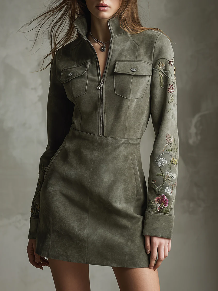 Abito Mini in Ecopelle Verde Ricamato con Mezzo Zip
